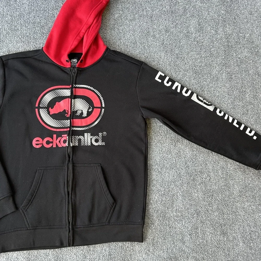 Ecko Unltd Hoodie Mens Large Red Rhino Logo Full Zip Sweatshirt‎ Fleece Hip Hop